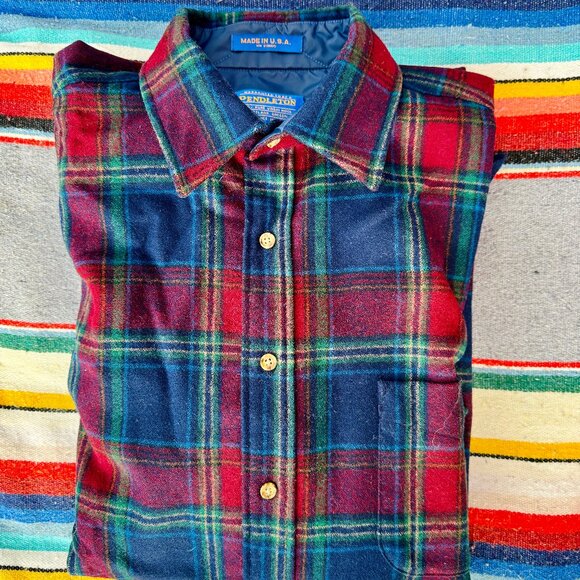 Pendleton Mens Lodge Wool Shirt Red Blue Plaid Suede Elbow Patch Large Excellent - Picture 3 of 4